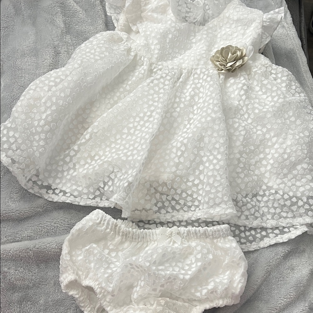 Mayoral White Textured Dress and Bloomers Set with Flower Accent
